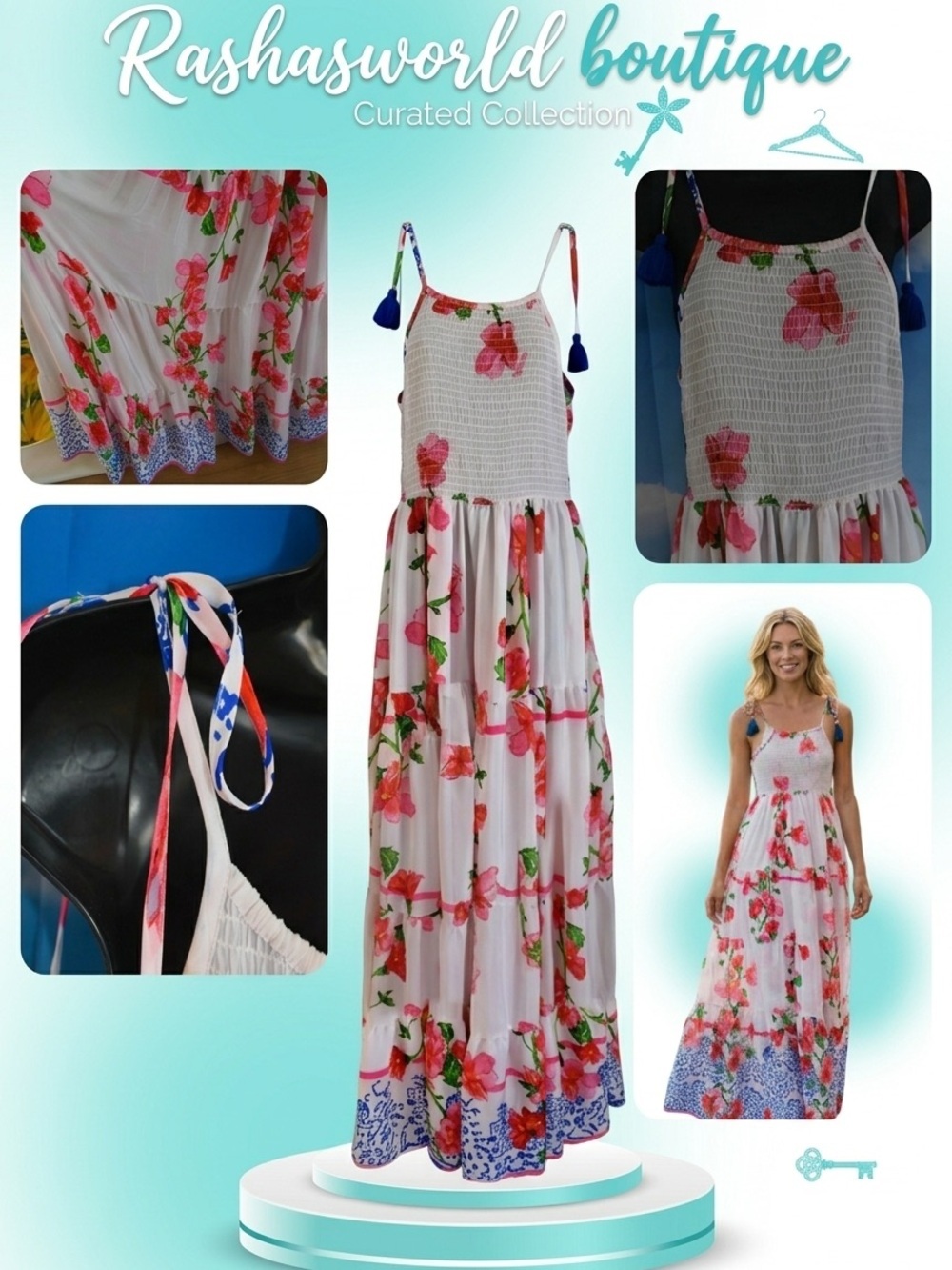Antica Sartoria White Floral Maxi Dress with Pink Red Blooms O/S NWT - Picture 2 of 2